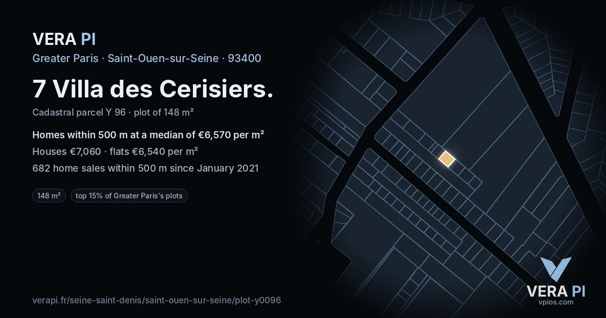 7 Villa des Cerisiers, Saint-Ouen-sur-Seine at night – the plot lit, the parcels around coloured by the prices near them