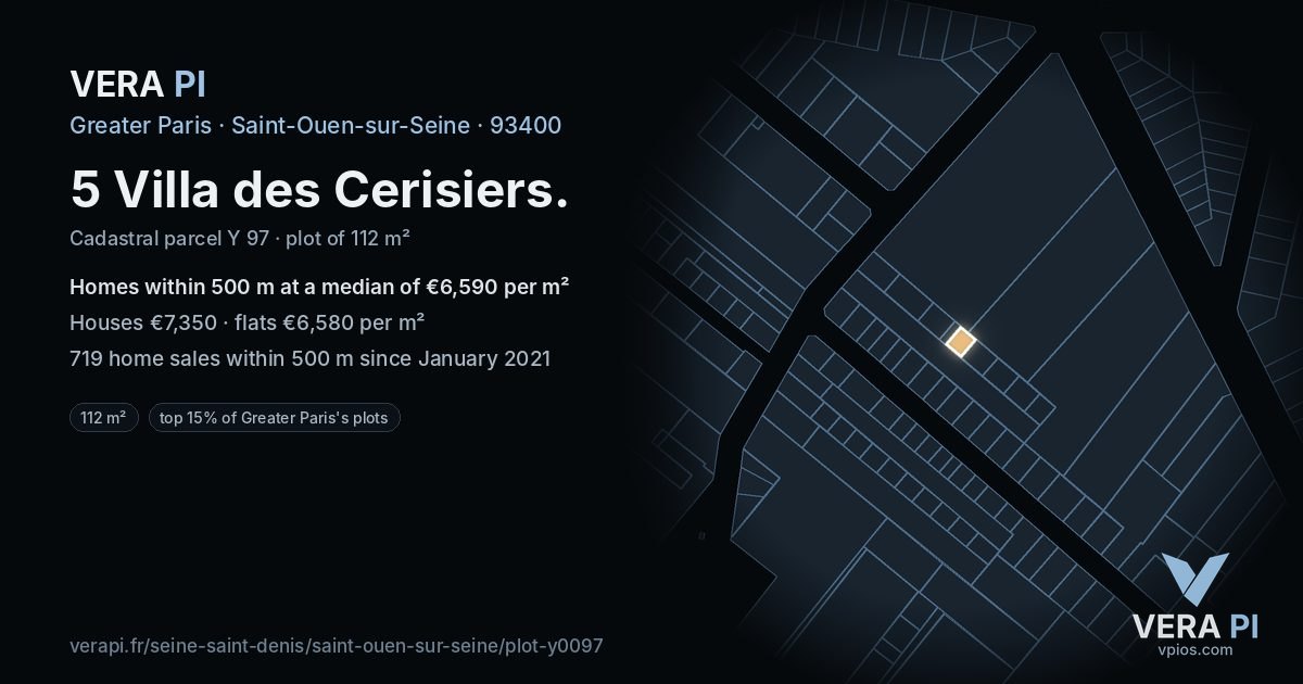 5 Villa des Cerisiers, Saint-Ouen-sur-Seine at night – the plot lit, the parcels around coloured by the prices near them