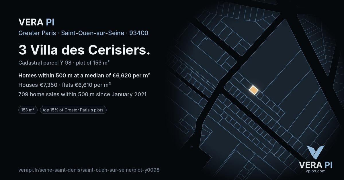 3 Villa des Cerisiers, Saint-Ouen-sur-Seine at night – the plot lit, the parcels around coloured by the prices near them
