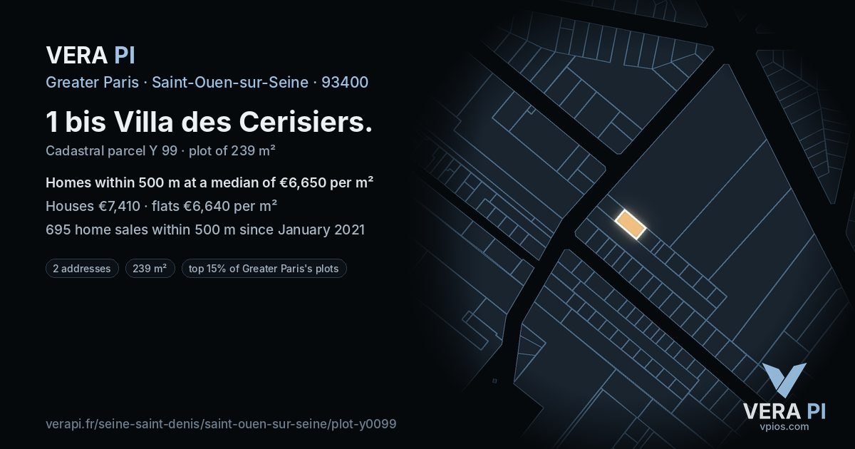 1 bis Villa des Cerisiers, Saint-Ouen-sur-Seine at night – the plot lit, the parcels around coloured by the prices near them