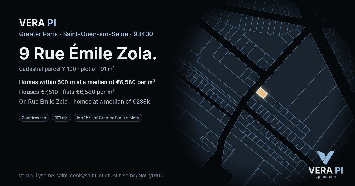 9 Rue Émile Zola, Saint-Ouen-sur-Seine at night – the plot lit, the parcels around coloured by the prices near them