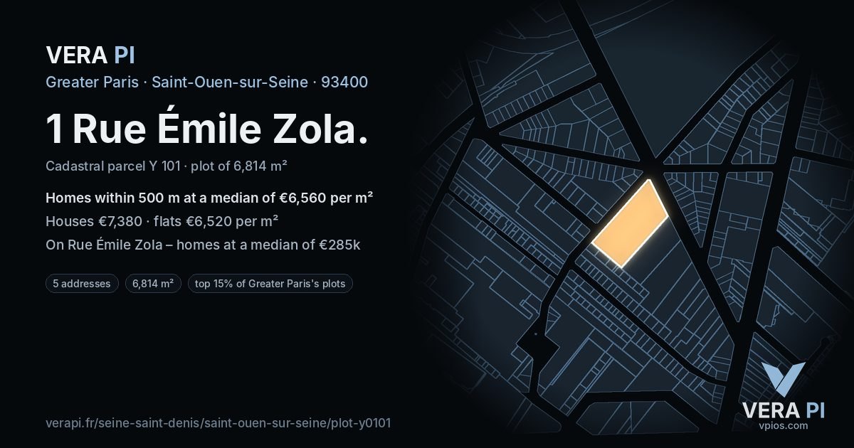 1 Rue Émile Zola, Saint-Ouen-sur-Seine at night – the plot lit, the parcels around coloured by the prices near them