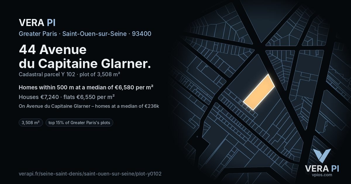 44 Avenue du Capitaine Glarner, Saint-Ouen-sur-Seine at night – the plot lit, the parcels around coloured by the prices near them