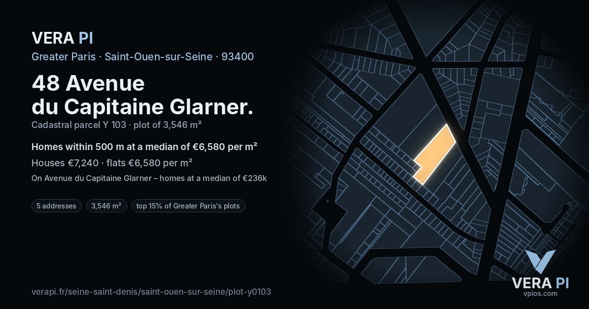 48 Avenue du Capitaine Glarner, Saint-Ouen-sur-Seine at night – the plot lit, the parcels around coloured by the prices near them