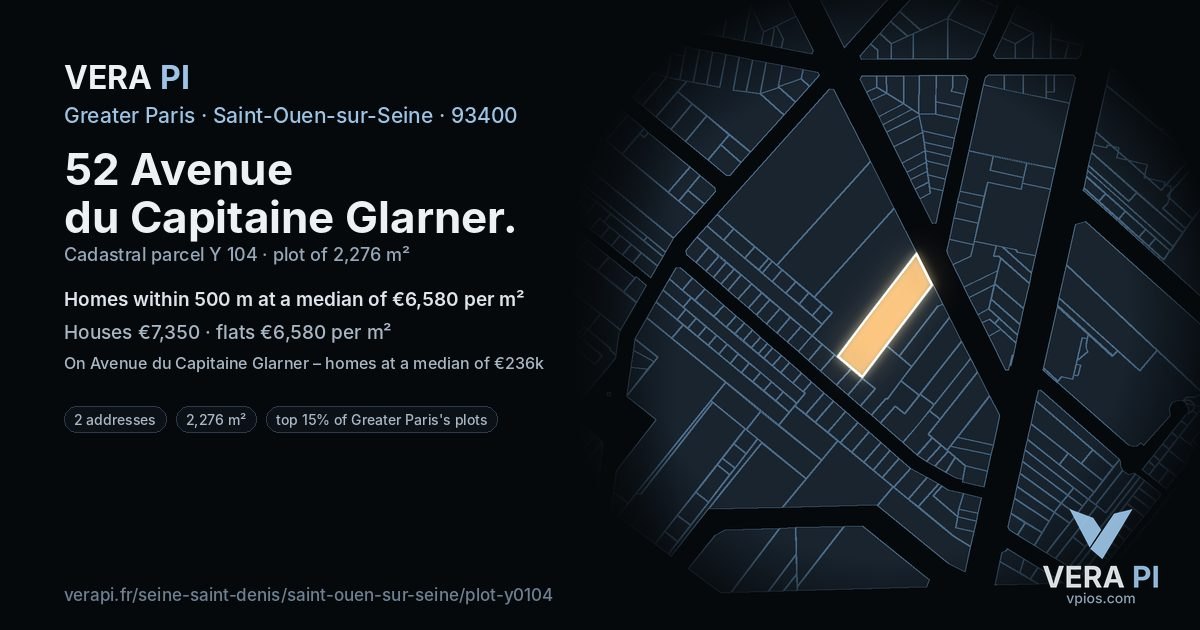 52 Avenue du Capitaine Glarner, Saint-Ouen-sur-Seine at night – the plot lit, the parcels around coloured by the prices near them
