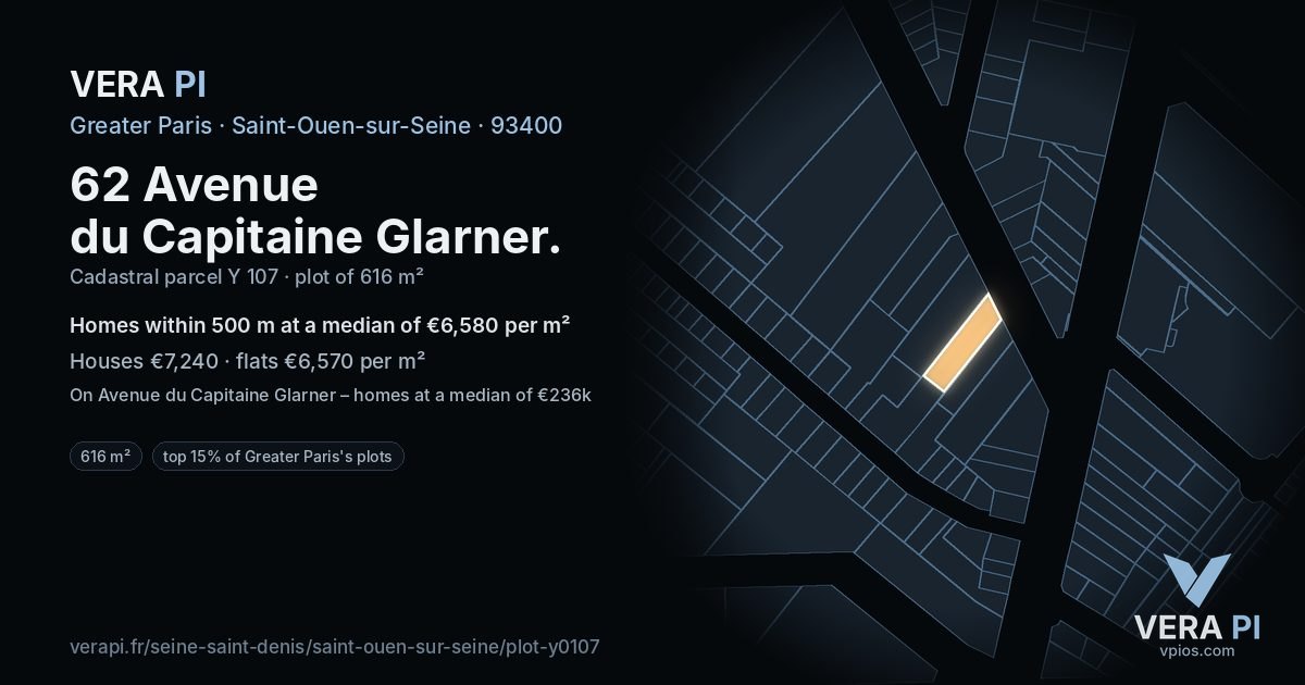 62 Avenue du Capitaine Glarner, Saint-Ouen-sur-Seine at night – the plot lit, the parcels around coloured by the prices near them