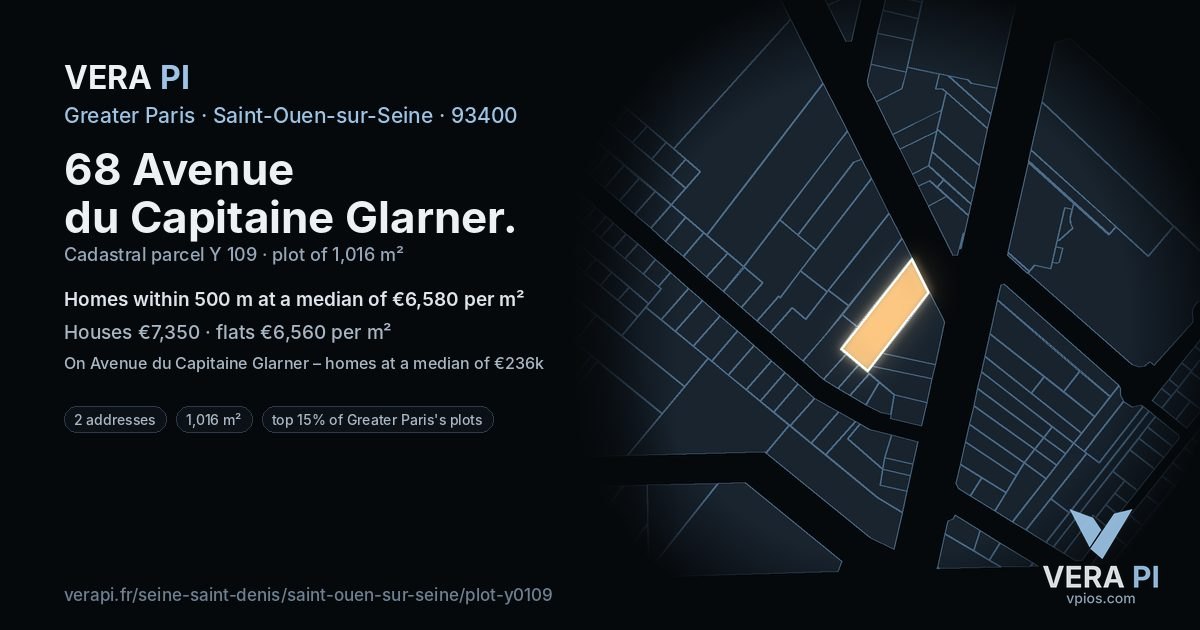 68 Avenue du Capitaine Glarner, Saint-Ouen-sur-Seine at night – the plot lit, the parcels around coloured by the prices near them