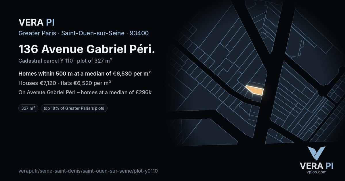 136 Avenue Gabriel Péri, Saint-Ouen-sur-Seine at night – the plot lit, the parcels around coloured by the prices near them