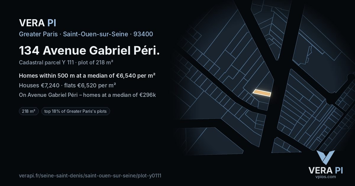 134 Avenue Gabriel Péri, Saint-Ouen-sur-Seine at night – the plot lit, the parcels around coloured by the prices near them