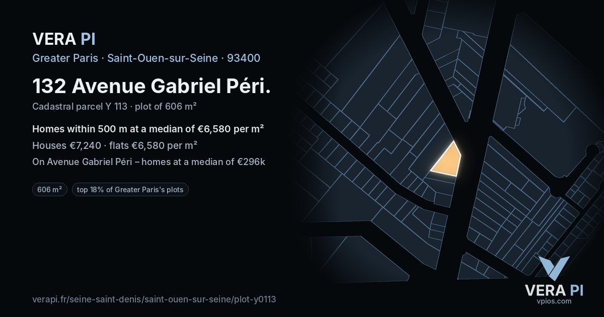 132 Avenue Gabriel Péri, Saint-Ouen-sur-Seine at night – the plot lit, the parcels around coloured by the prices near them