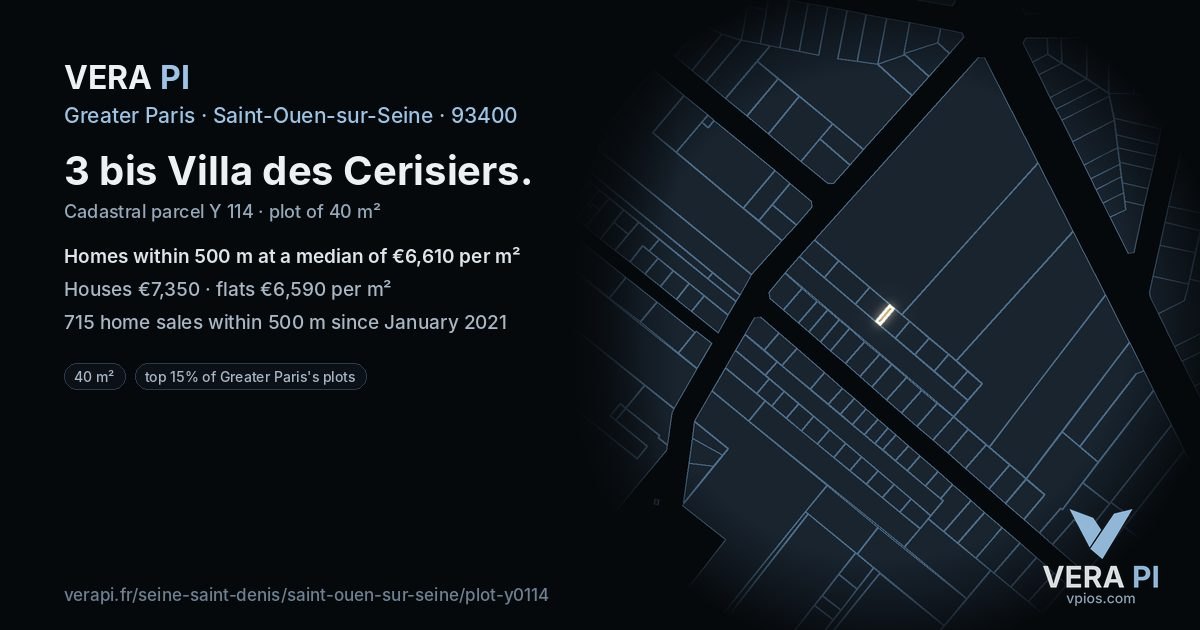 3 bis Villa des Cerisiers, Saint-Ouen-sur-Seine at night – the plot lit, the parcels around coloured by the prices near them