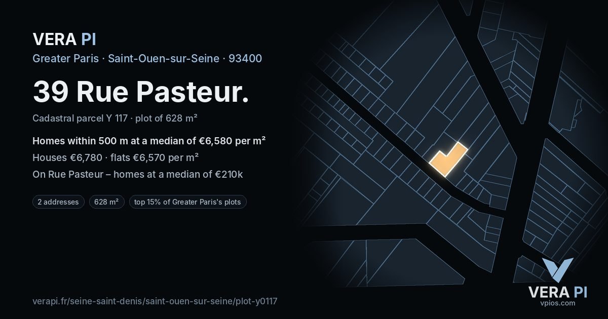 39 Rue Pasteur, Saint-Ouen-sur-Seine at night – the plot lit, the parcels around coloured by the prices near them
