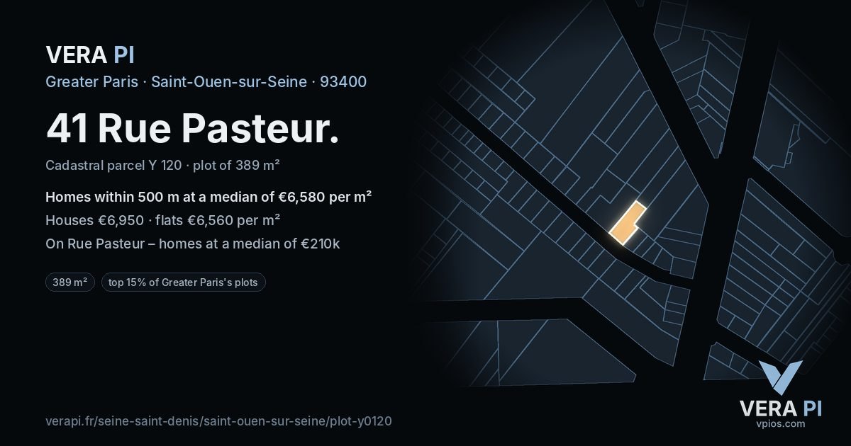 41 Rue Pasteur, Saint-Ouen-sur-Seine at night – the plot lit, the parcels around coloured by the prices near them