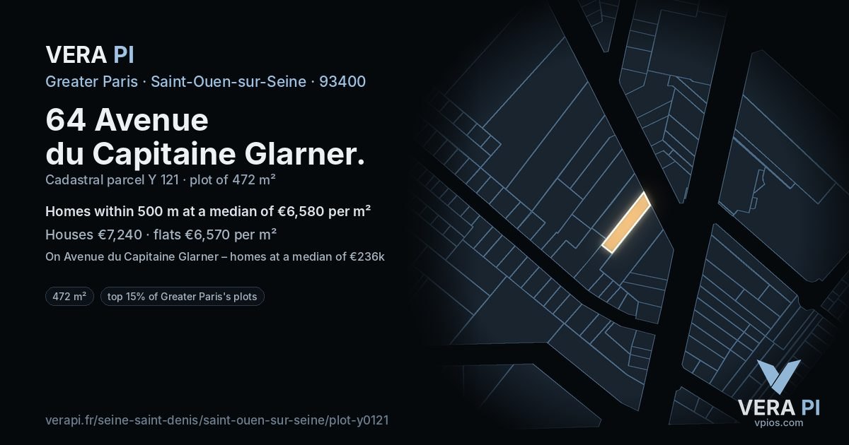 64 Avenue du Capitaine Glarner, Saint-Ouen-sur-Seine at night – the plot lit, the parcels around coloured by the prices near them