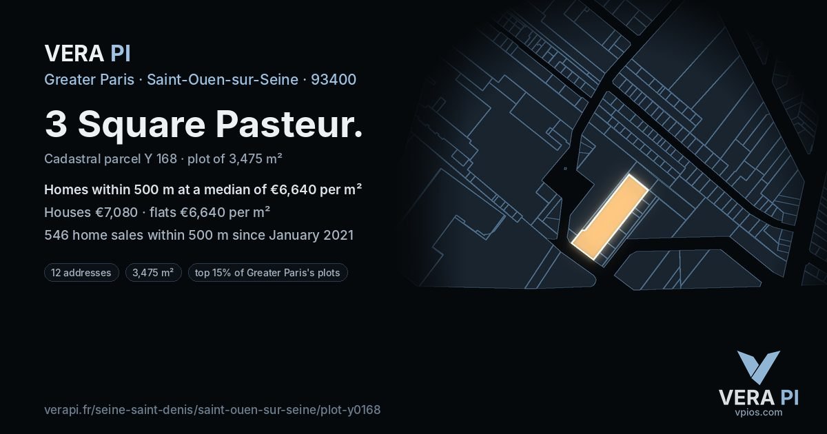 3 Square Pasteur, Saint-Ouen-sur-Seine at night – the plot lit, the parcels around coloured by the prices near them