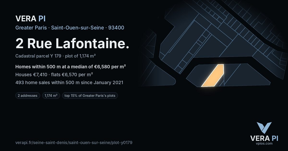 2 Rue Lafontaine, Saint-Ouen-sur-Seine at night – the plot lit, the parcels around coloured by the prices near them