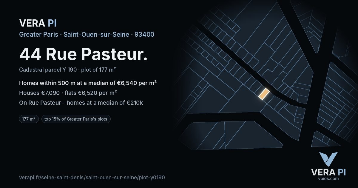 44 Rue Pasteur, Saint-Ouen-sur-Seine at night – the plot lit, the parcels around coloured by the prices near them
