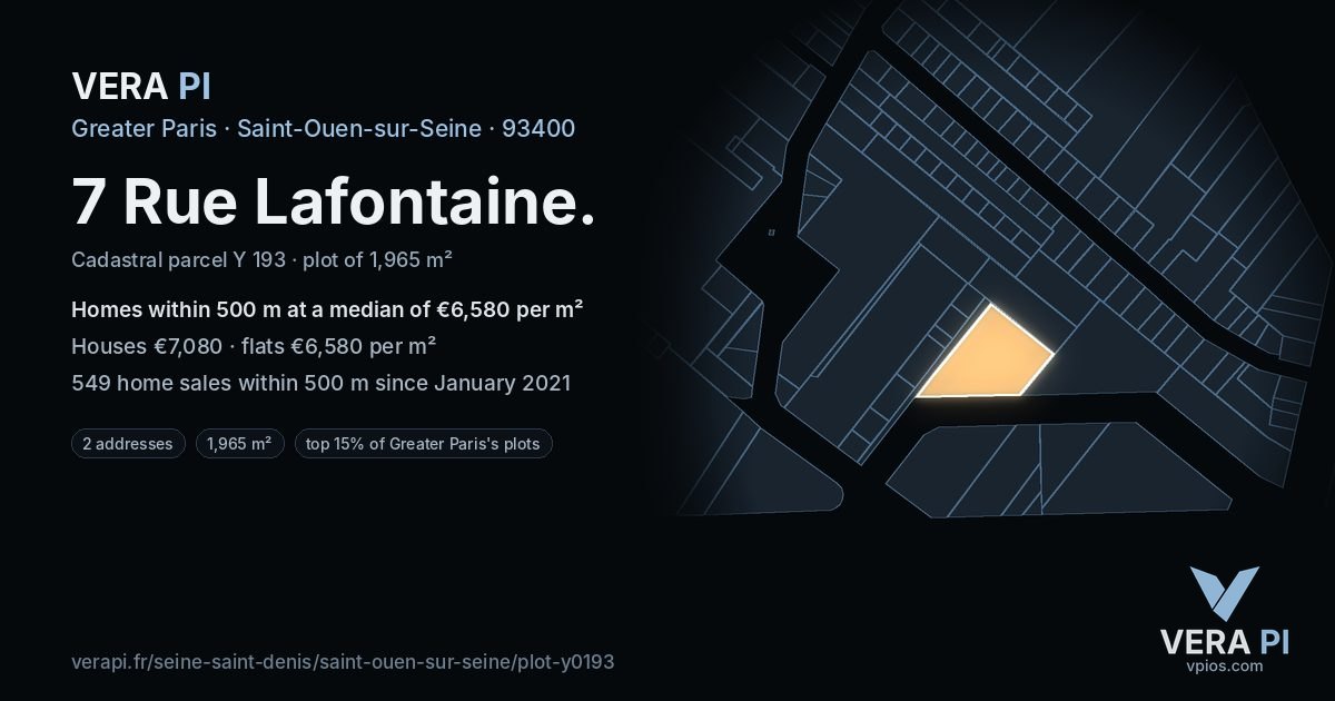 7 Rue Lafontaine, Saint-Ouen-sur-Seine at night – the plot lit, the parcels around coloured by the prices near them