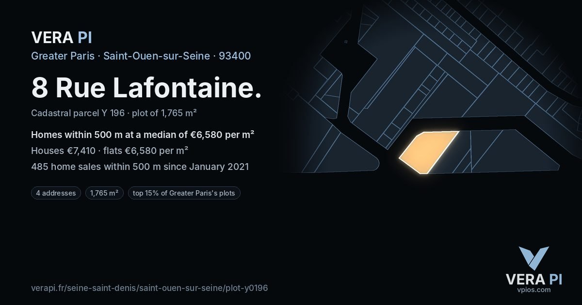 8 Rue Lafontaine, Saint-Ouen-sur-Seine at night – the plot lit, the parcels around coloured by the prices near them