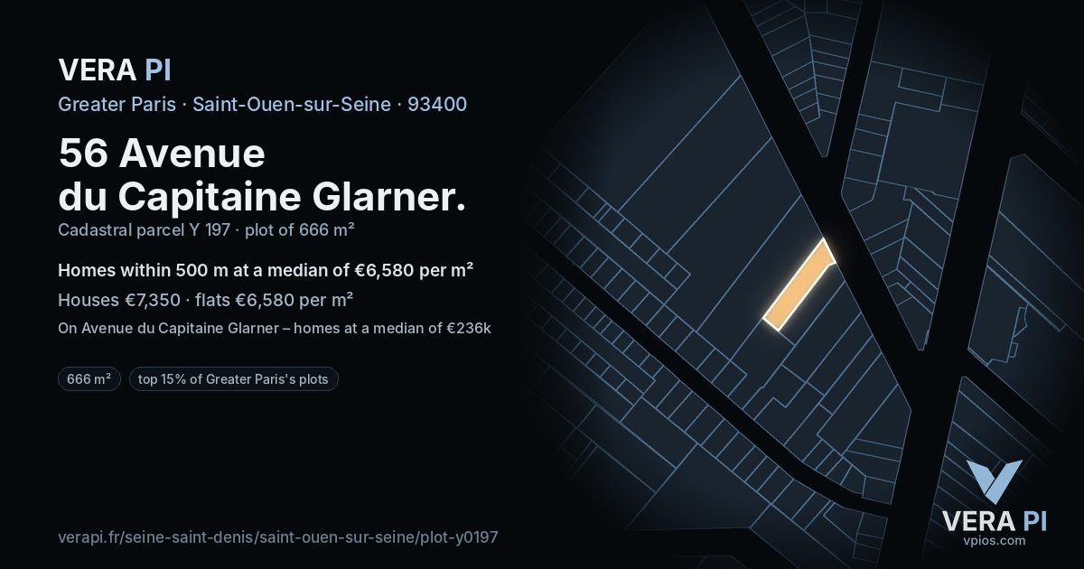 56 Avenue du Capitaine Glarner, Saint-Ouen-sur-Seine at night – the plot lit, the parcels around coloured by the prices near them