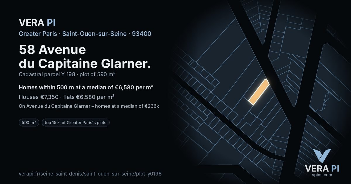 58 Avenue du Capitaine Glarner, Saint-Ouen-sur-Seine at night – the plot lit, the parcels around coloured by the prices near them