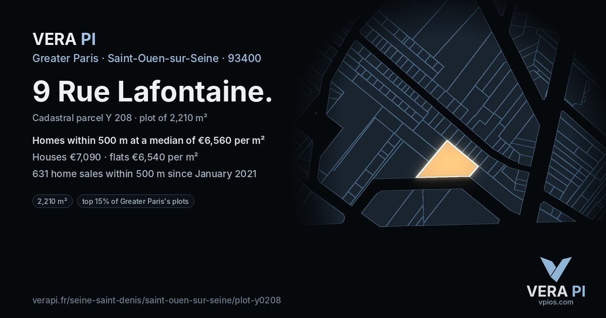 9 Rue Lafontaine, Saint-Ouen-sur-Seine at night – the plot lit, the parcels around coloured by the prices near them