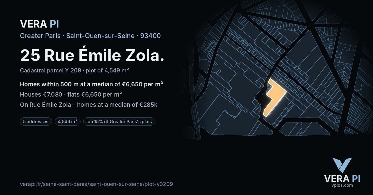 25 Rue Émile Zola, Saint-Ouen-sur-Seine at night – the plot lit, the parcels around coloured by the prices near them