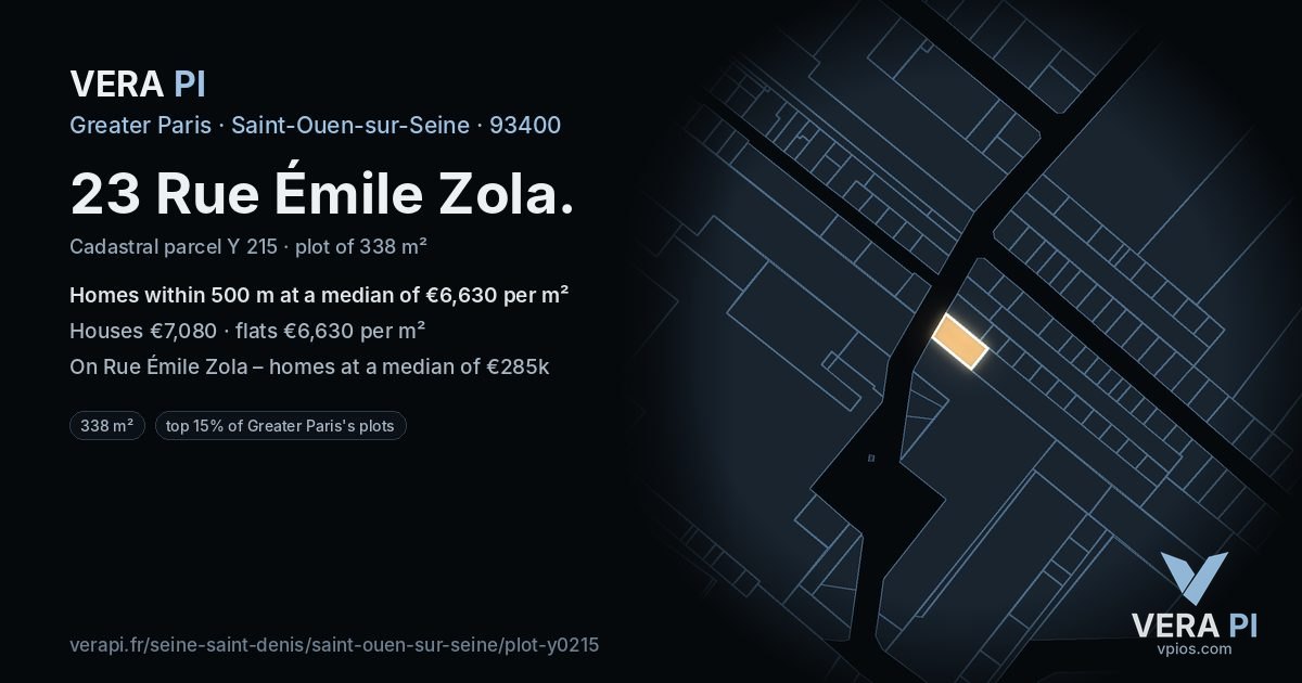 23 Rue Émile Zola, Saint-Ouen-sur-Seine at night – the plot lit, the parcels around coloured by the prices near them