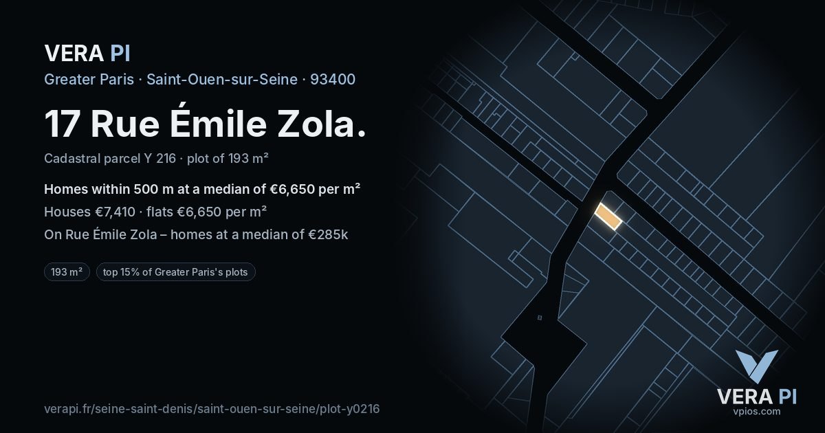17 Rue Émile Zola, Saint-Ouen-sur-Seine at night – the plot lit, the parcels around coloured by the prices near them