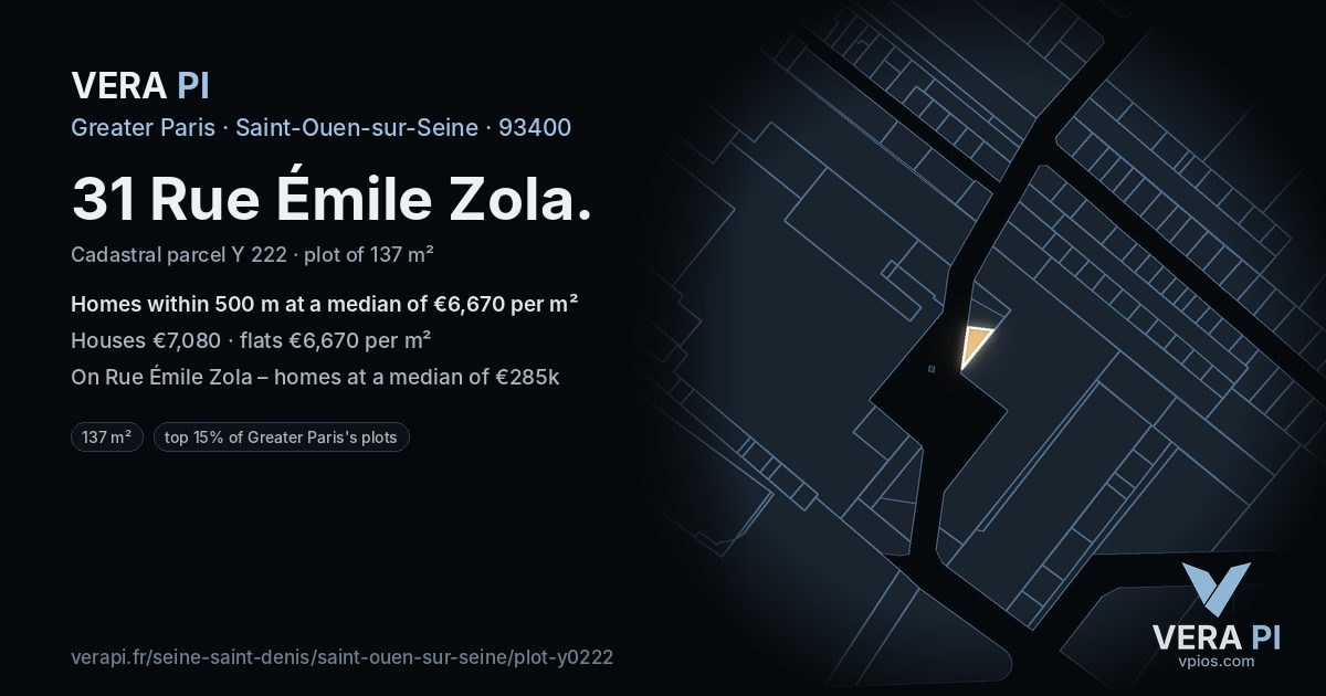 31 Rue Émile Zola, Saint-Ouen-sur-Seine at night – the plot lit, the parcels around coloured by the prices near them