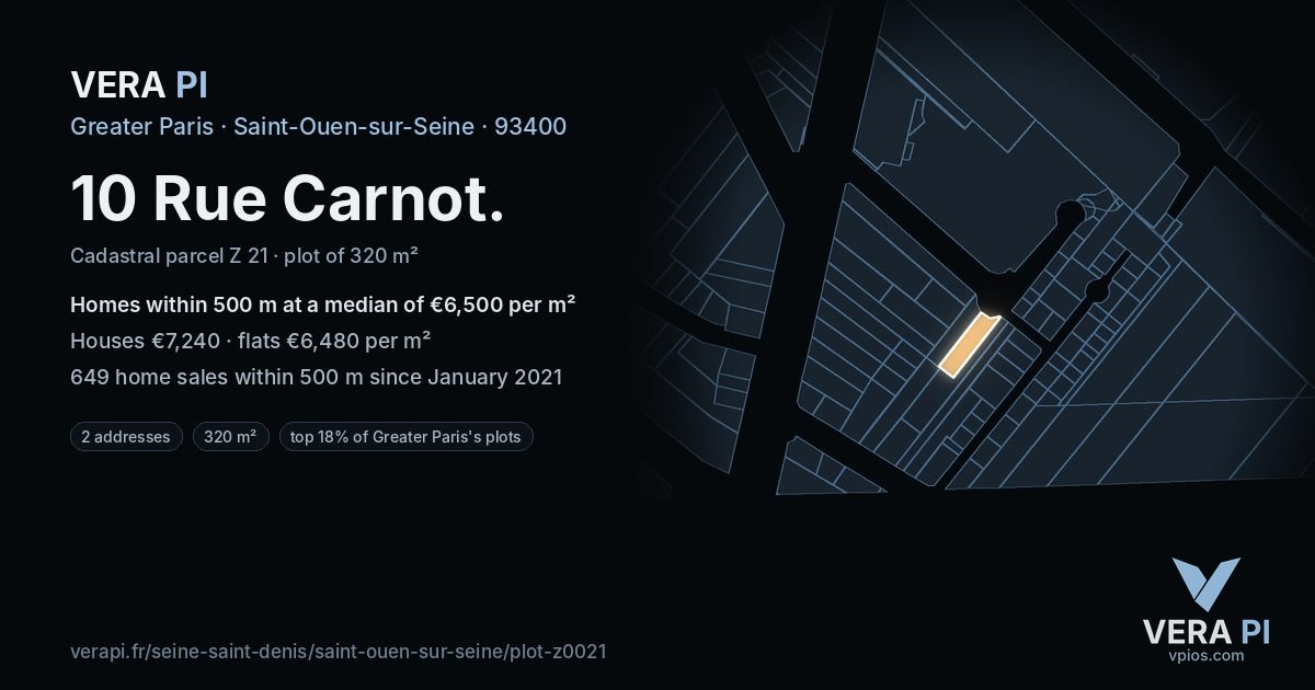 10 Rue Carnot, Saint-Ouen-sur-Seine at night – the plot lit, the parcels around coloured by the prices near them