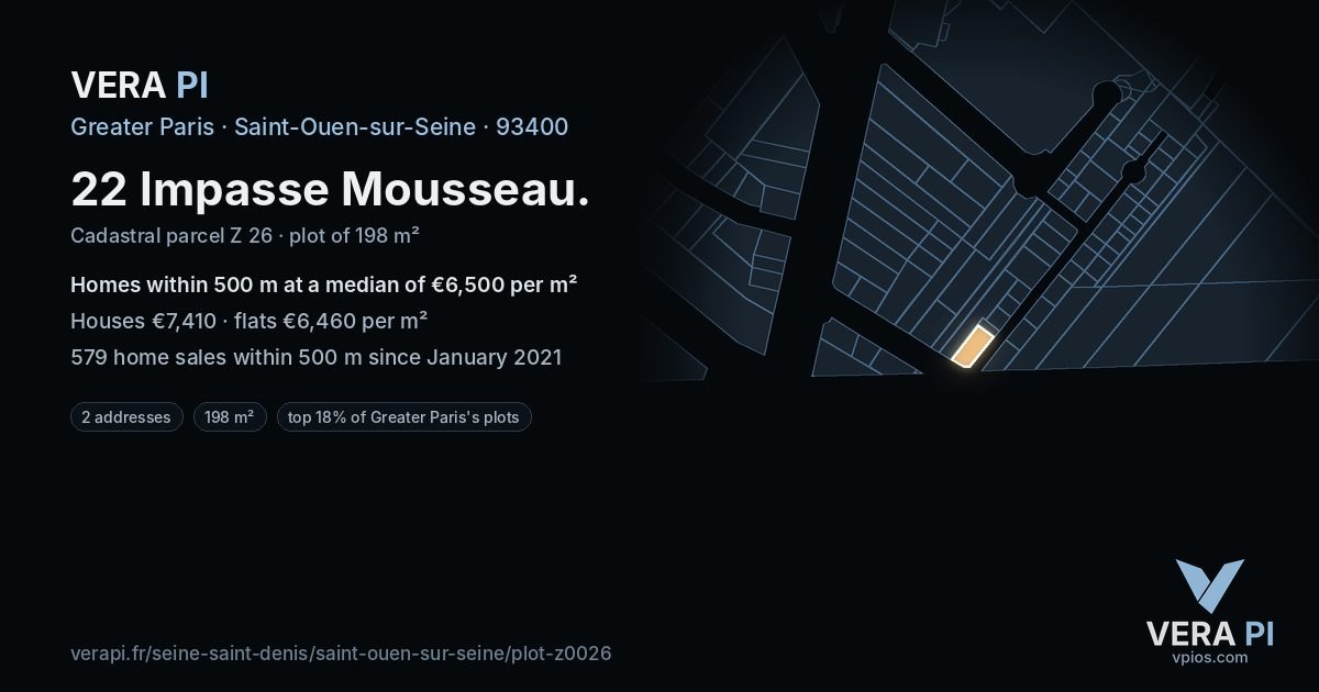 22 Impasse Mousseau, Saint-Ouen-sur-Seine at night – the plot lit, the parcels around coloured by the prices near them