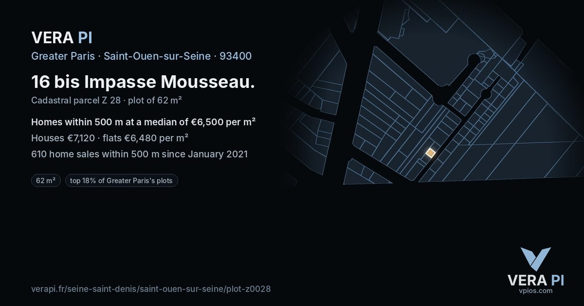 16 bis Impasse Mousseau, Saint-Ouen-sur-Seine at night – the plot lit, the parcels around coloured by the prices near them