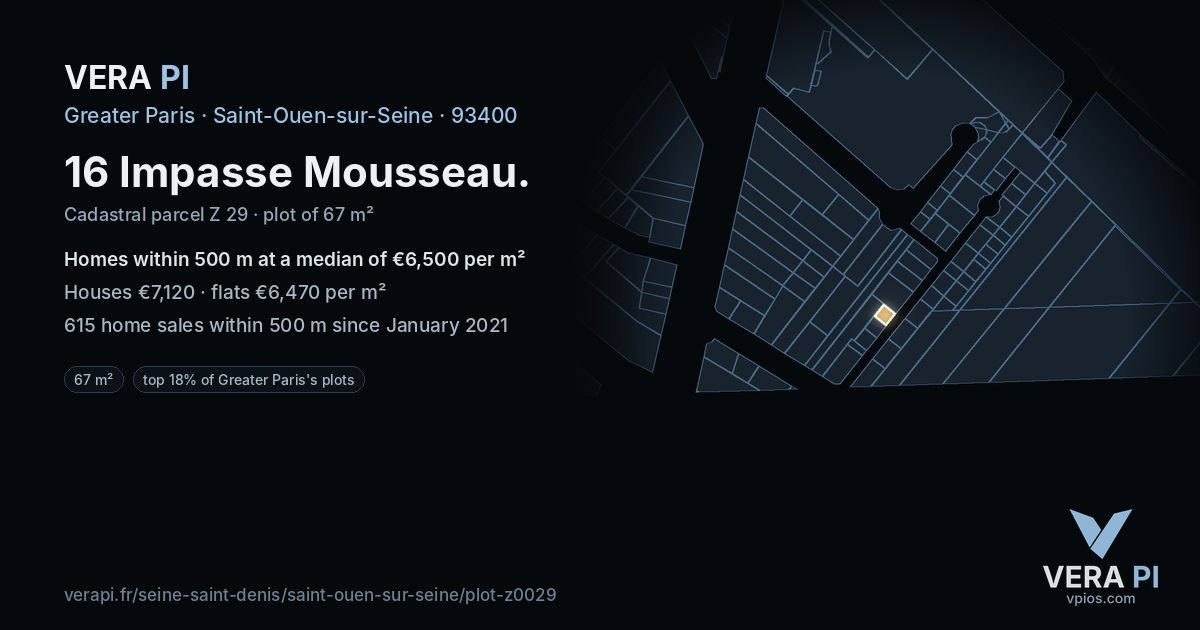 16 Impasse Mousseau, Saint-Ouen-sur-Seine at night – the plot lit, the parcels around coloured by the prices near them