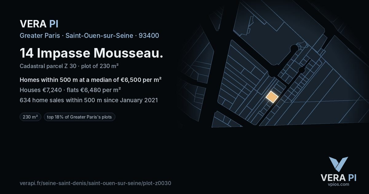 14 Impasse Mousseau, Saint-Ouen-sur-Seine at night – the plot lit, the parcels around coloured by the prices near them