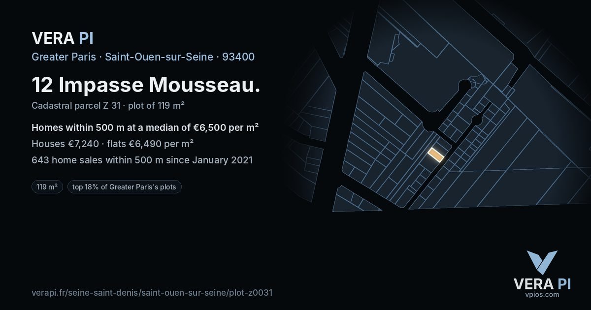 12 Impasse Mousseau, Saint-Ouen-sur-Seine at night – the plot lit, the parcels around coloured by the prices near them