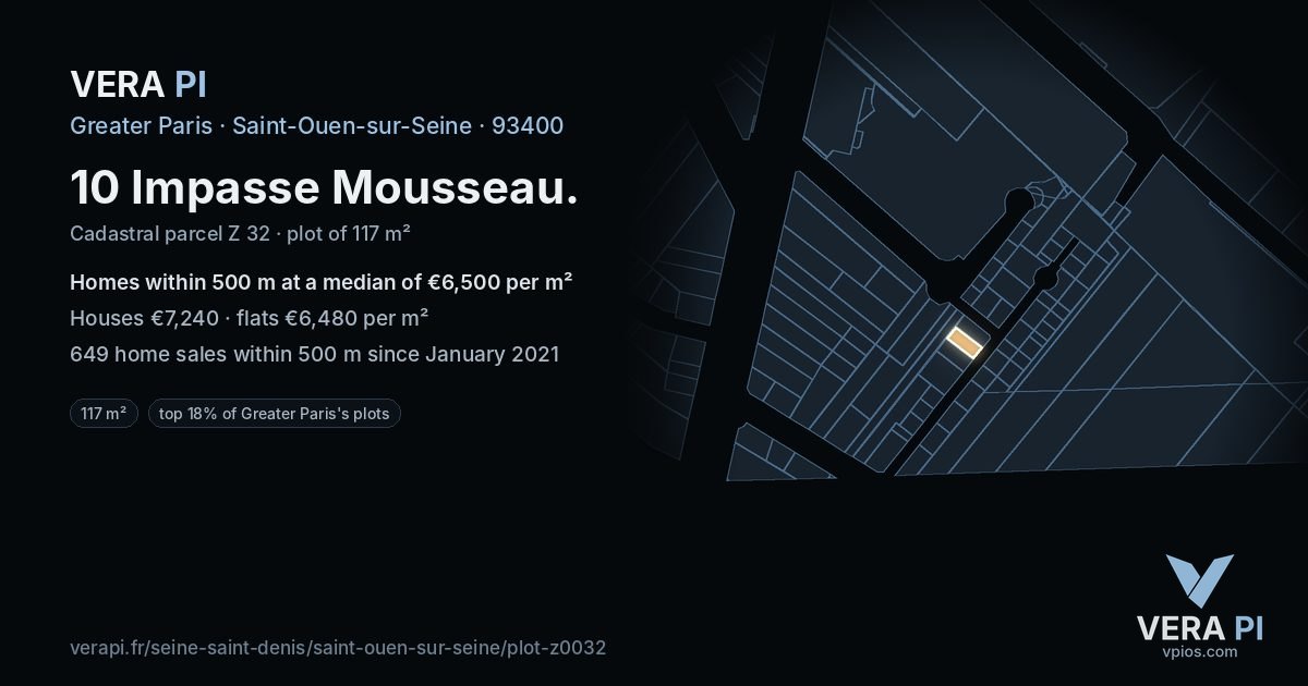 10 Impasse Mousseau, Saint-Ouen-sur-Seine at night – the plot lit, the parcels around coloured by the prices near them