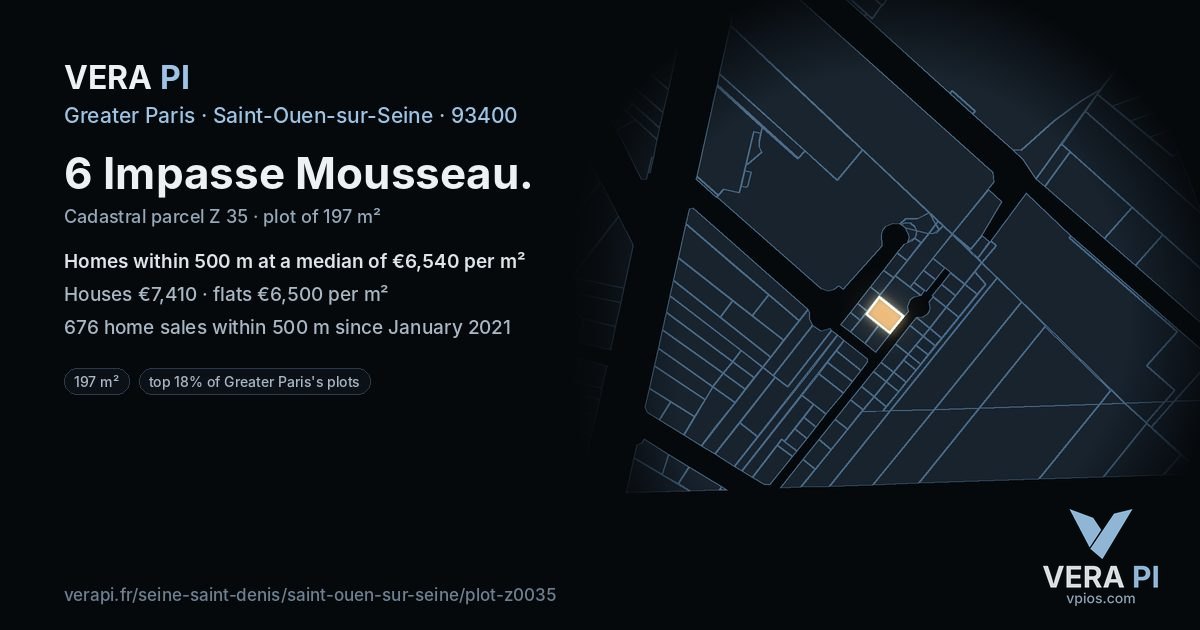 6 Impasse Mousseau, Saint-Ouen-sur-Seine at night – the plot lit, the parcels around coloured by the prices near them