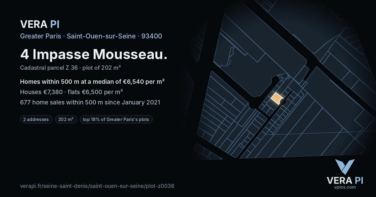 4 Impasse Mousseau, Saint-Ouen-sur-Seine at night – the plot lit, the parcels around coloured by the prices near them