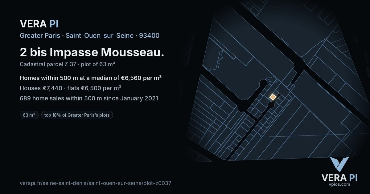 2 bis Impasse Mousseau, Saint-Ouen-sur-Seine at night – the plot lit, the parcels around coloured by the prices near them