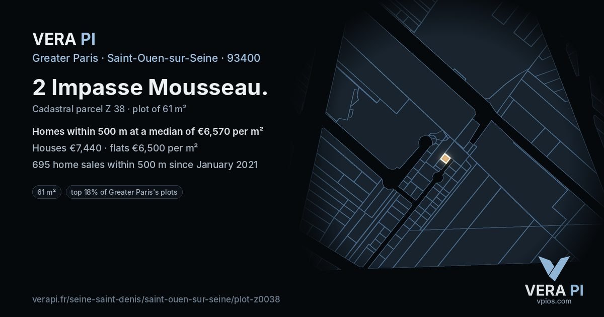 2 Impasse Mousseau, Saint-Ouen-sur-Seine at night – the plot lit, the parcels around coloured by the prices near them