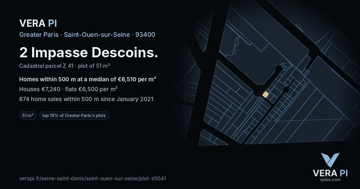 2 Impasse Descoins, Saint-Ouen-sur-Seine at night – the plot lit, the parcels around coloured by the prices near them