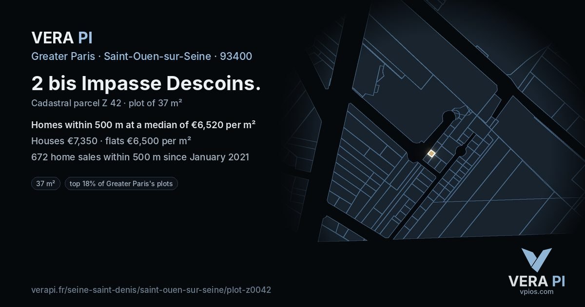 2 bis Impasse Descoins, Saint-Ouen-sur-Seine at night – the plot lit, the parcels around coloured by the prices near them