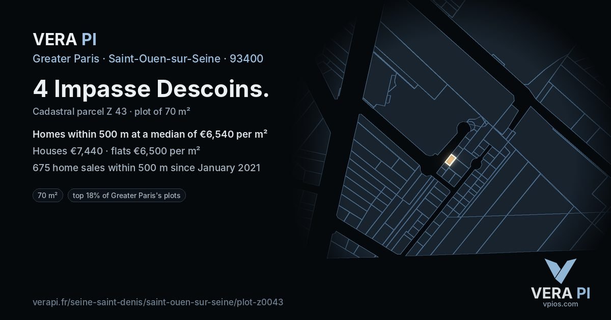 4 Impasse Descoins, Saint-Ouen-sur-Seine at night – the plot lit, the parcels around coloured by the prices near them