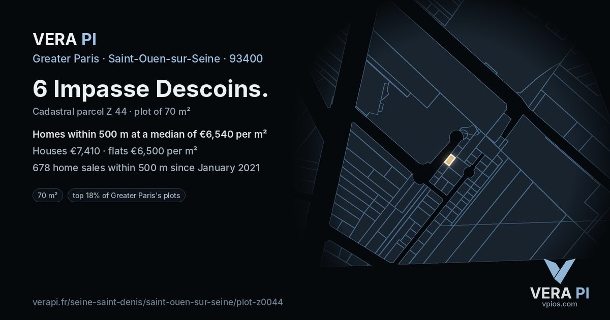 6 Impasse Descoins, Saint-Ouen-sur-Seine at night – the plot lit, the parcels around coloured by the prices near them