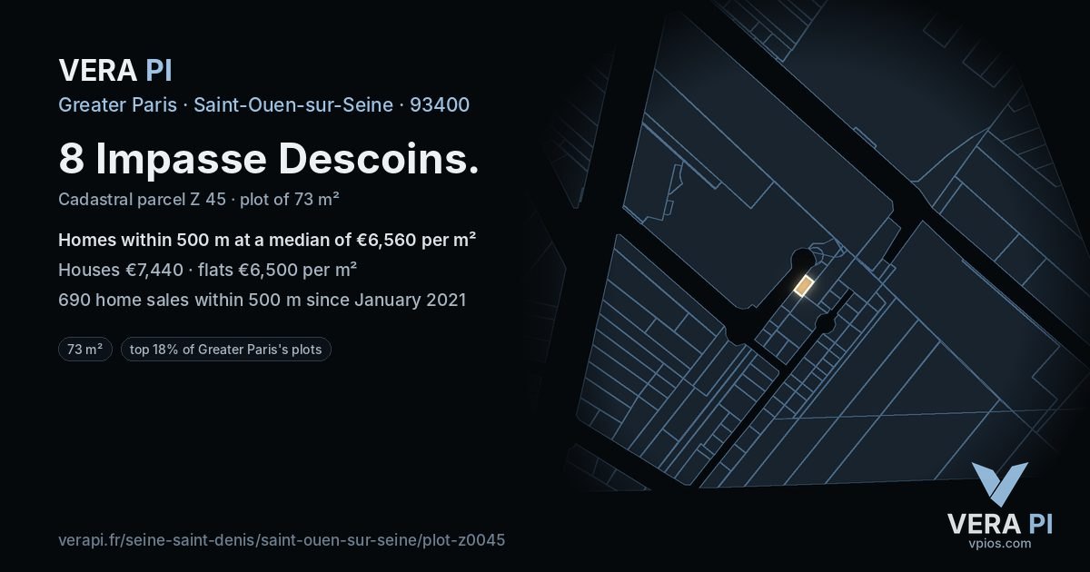 8 Impasse Descoins, Saint-Ouen-sur-Seine at night – the plot lit, the parcels around coloured by the prices near them