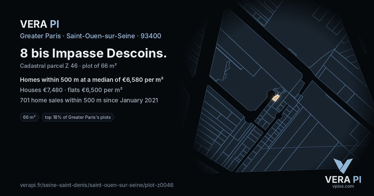 8 bis Impasse Descoins, Saint-Ouen-sur-Seine at night – the plot lit, the parcels around coloured by the prices near them
