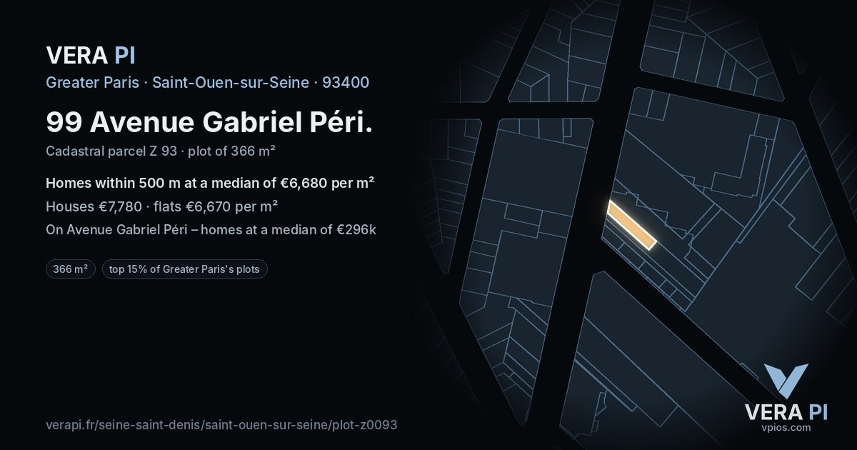99 Avenue Gabriel Péri, Saint-Ouen-sur-Seine at night – the plot lit, the parcels around coloured by the prices near them