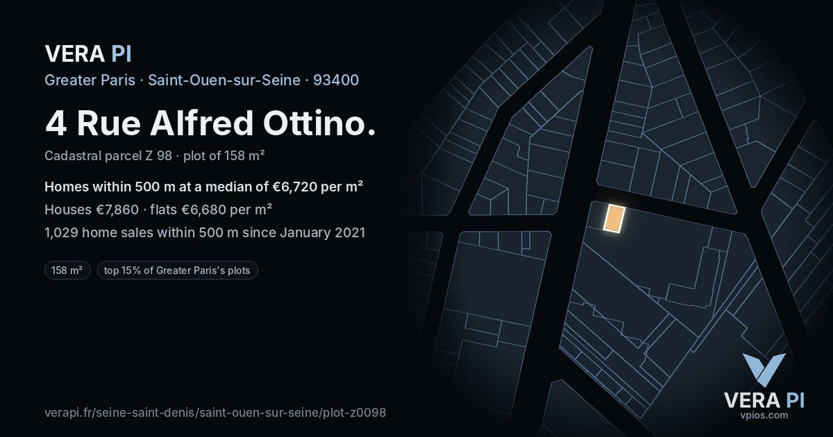 4 Rue Alfred Ottino, Saint-Ouen-sur-Seine at night – the plot lit, the parcels around coloured by the prices near them