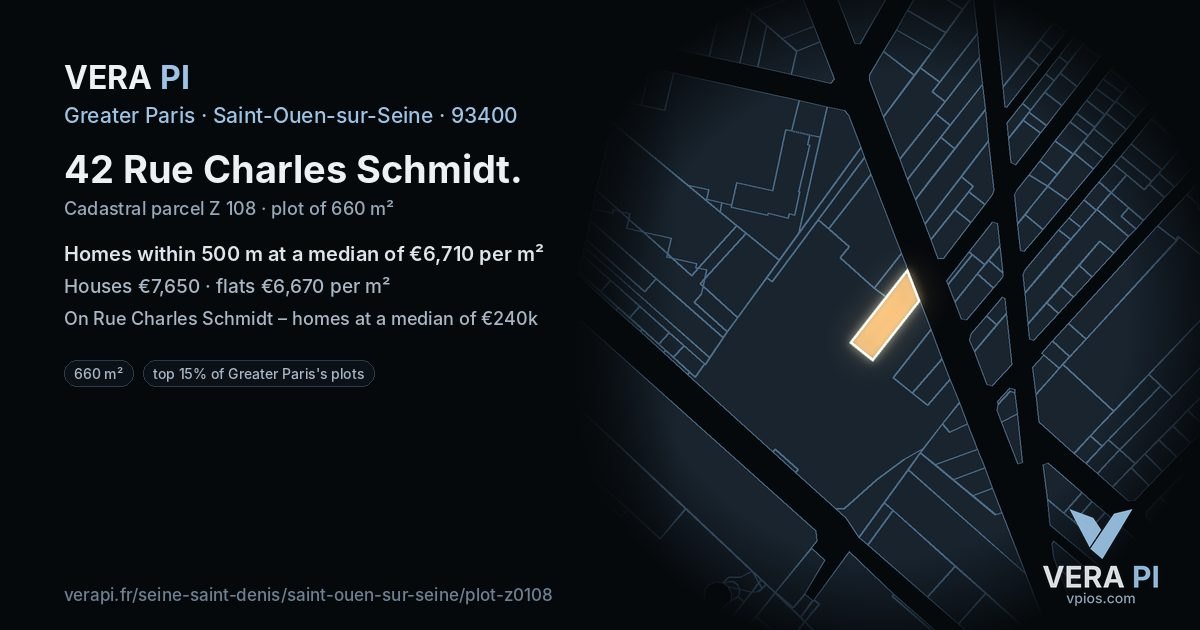 42 Rue Charles Schmidt, Saint-Ouen-sur-Seine at night – the plot lit, the parcels around coloured by the prices near them